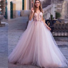 3D Flowers Appliques Lace Tulle Wedding Dress A Line Plunging V Neck Bride Gowns