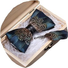 Peacock Bow Tie Feather Pre-tied Bowtie Brooch Sets Tuxedo Banquet Necktie