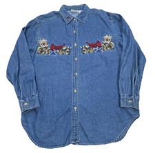 Vintage Bobbie Brooks Denim Button Up Shirt Size Small Christmas Cardinal Mature