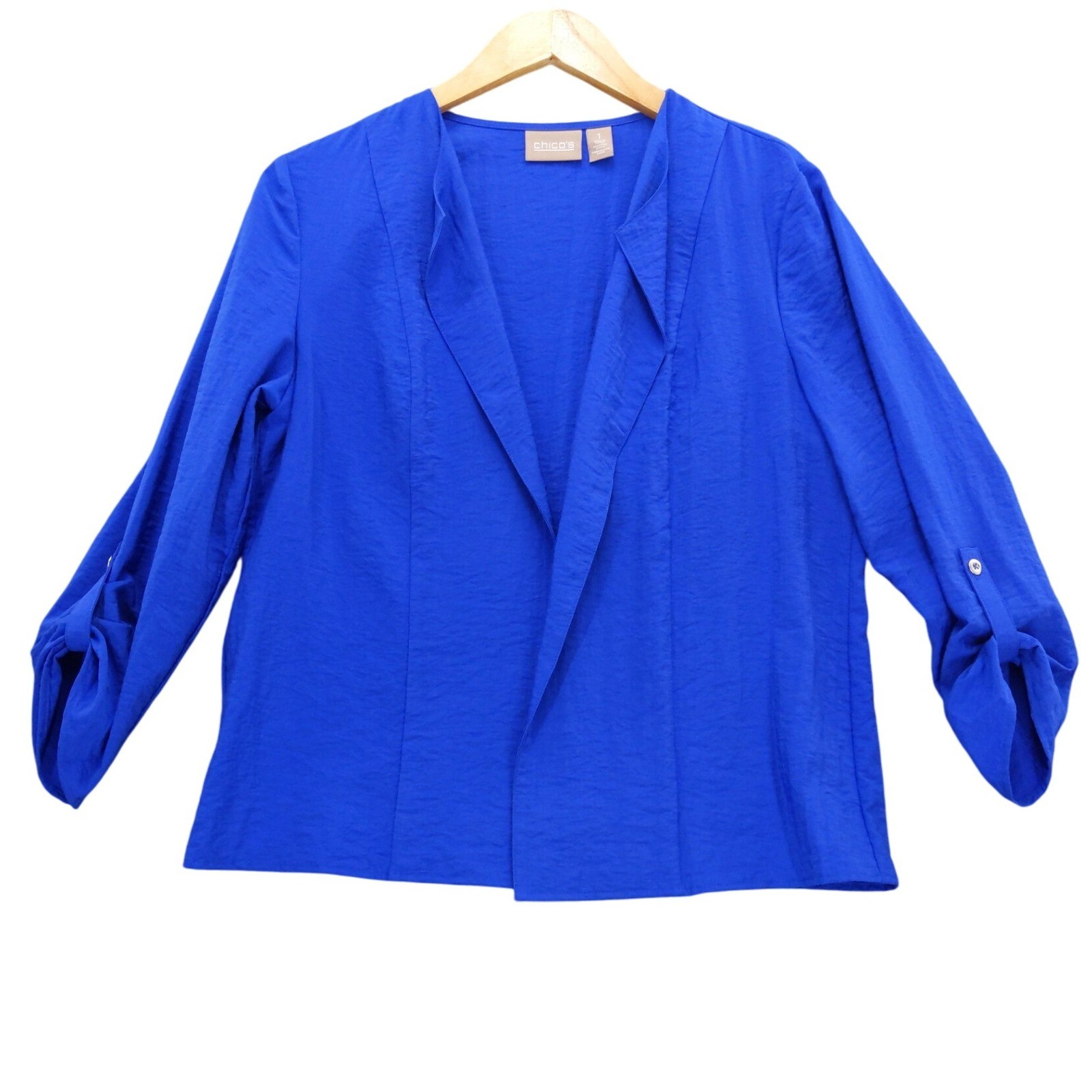 Chicos Blue Open Front 3/4 Sleeve Button Tab Jacket Blazer Size 1 M