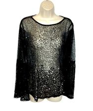 I.N.C Womens top black sheer mesh sequins poet sleeve goth coquette dark fairy
