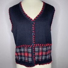 Limited Issue Black Red Tartan Plaid Sleeveless V-Neck Knit Sweater Vest Sz S