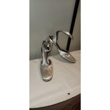 Vintage 60s Round Toe Metallic Silver Pumps Ankle Strap Shoes MidCentury Mod S M