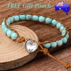 Natural Turquoise Stone Bead Crystal Heart Leather Wrap Bracelet Women’s Gift