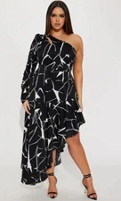 New Fashion Nova Briella One Shoulder Long Sleeve Asymmetric Maxi Dress 1X Black