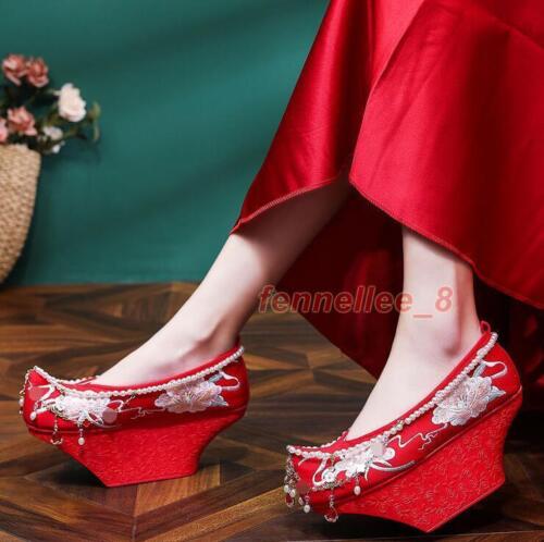 Women Chinese Style Wedding Xiuhe Heels Antique Hanfu Shoes Retro Palace Shoes - Afbeelding 1 van 15