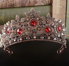 Rococo Floral Austrian Rhinestone Faux Pearl Tiara Hair Crown Copper Tone T893