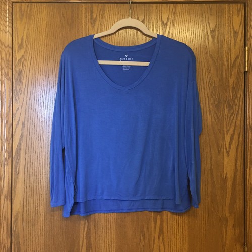American Eagle Damen weich & sexy V-Ausschnitt Langarm T-Shirt Oberteil blau Gr. XL - Bild 2 von 5
