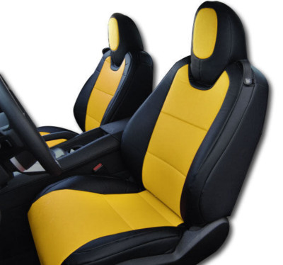 FOR CHEVY CAMARO 2010-2015 BLACK/YELLOW IGGEE S.LEATHER CUSTOM FRONT SEAT COVERS