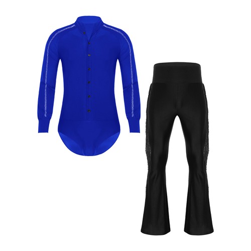 Mens Latin Tango Dance Costume Sequined Tassels Rhinestones Bodysuit with Pants - Picture 111 of 219
