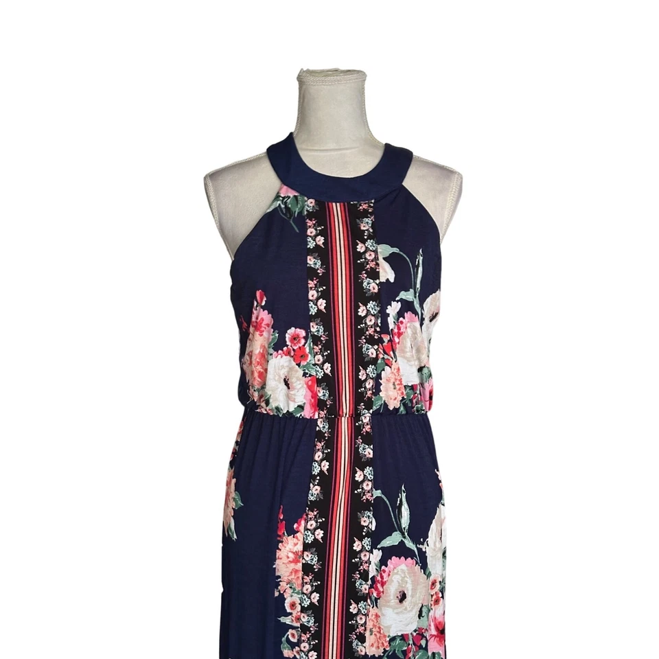 Maxi Vestido Halter Floral Tres Corazones Rosa Azul Marino Frontal Abertura Cerradura Trasera L Foto 4 de 4