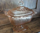Vtg INDIANA GLASS Pink OLD COLONY Open Lace Lidded Pedestal Candy Dish Depressio
