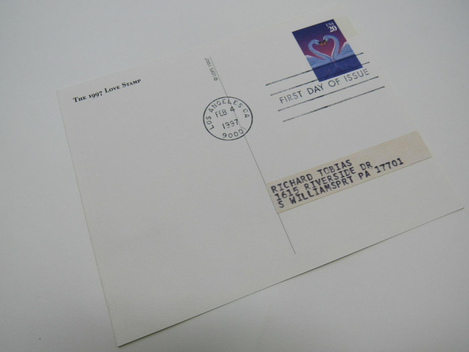 USPS Scott UX279 20c Love Swans First Day of Issue Postal Card