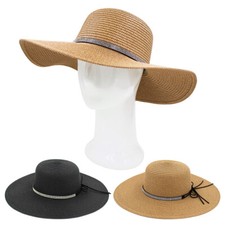 4.5" Wide Brim Foldable UPF50 Rhinestone Trim Floppy Summer Straw Sun Beach Hat