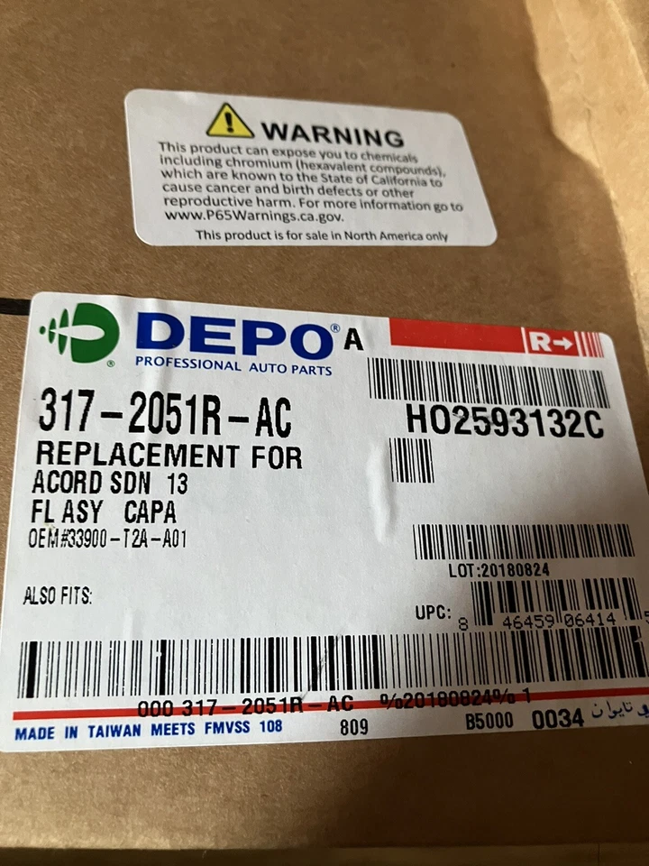 Lámpara automática DEPO Autoparts para Honda Accord SDN 2013 317-2051R-AC NUEVA EN CAJA Foto 4 de 4