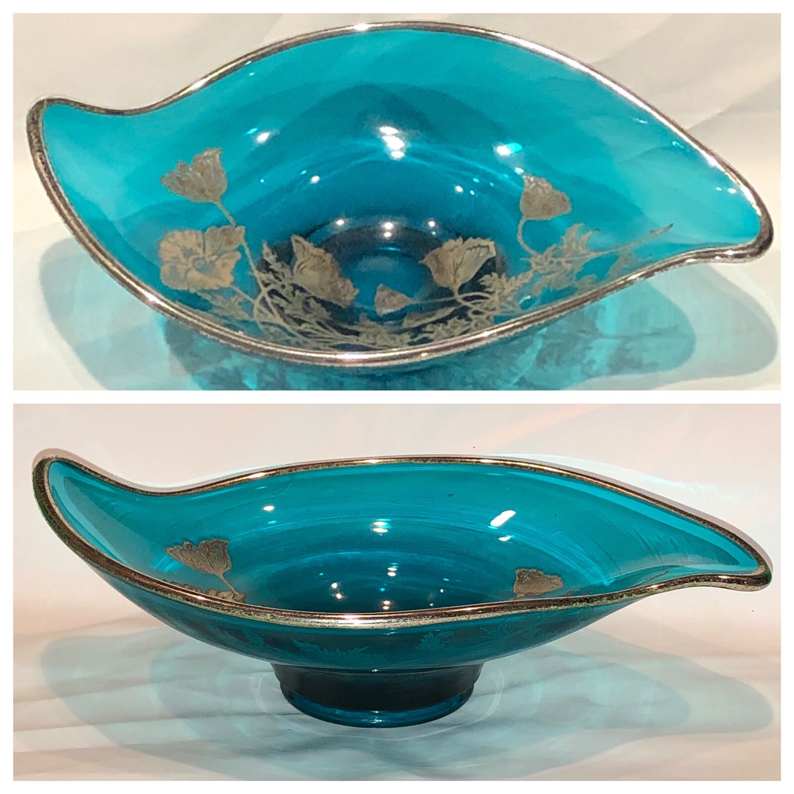 Teal Aqua Wave Glass Bowl with Silver Floral Overlay for Candy Nuts  -image
