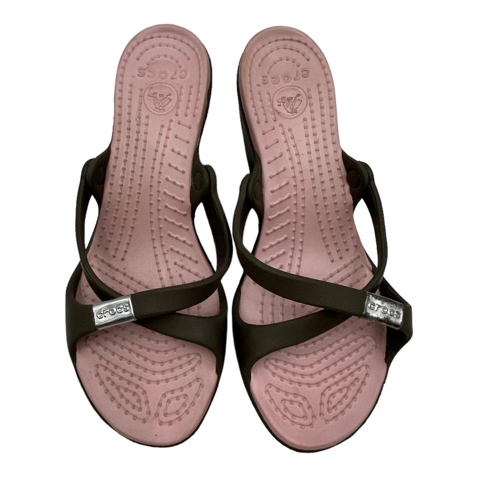 Crocs Cyprus Slip on Heel Sandals Comfort Chocolate Brown Cotton Candy Pink W10 - Image 3 of 4
