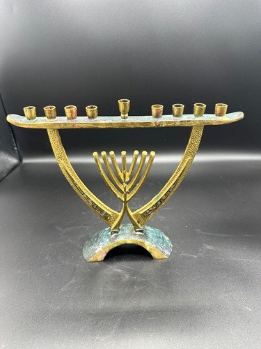 UNIQUE VINTAGE MID CENTRY MODERN MCM SOLID BRASS / BRONZE ENAMEL MENORAH ISRAEL! - Picture 9 of 16