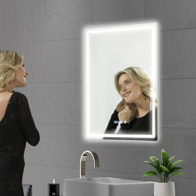 Dimmable Anti-Fog LED Bathroom Mirror with Clock and Temperature Display