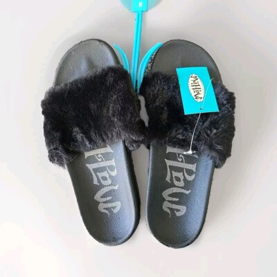 Mad Love Women's Size Phoebe Faux Fur Top Strap Black Slide