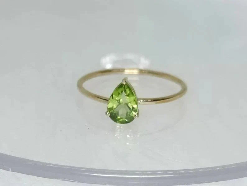 14k Yellow Gold Pear Cut Peridot Gemstone Ring Wedding Engagement Women Ring - Image 3 of 4