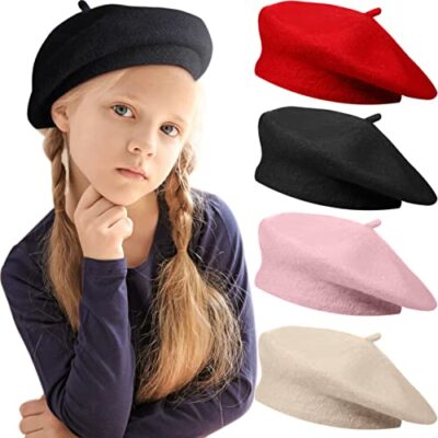4 Pieces Toddler Wool Beret Warm Kids Medium, Red, Black, Pink and Beige 