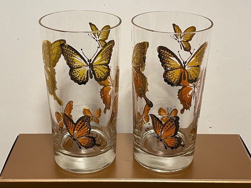 Zwei (2) Vintage 22k Gold Monarch Schmetterling / Schmetterlinge Longdrink Glas Becher - Bild 9 von 13
