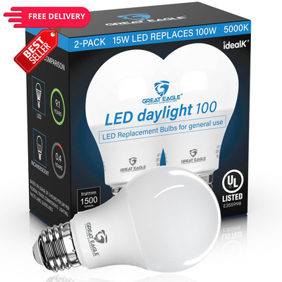 Great Eagle Lighting 100 Watt LED Light Bulbs 2 Pack, 5000k Daylight