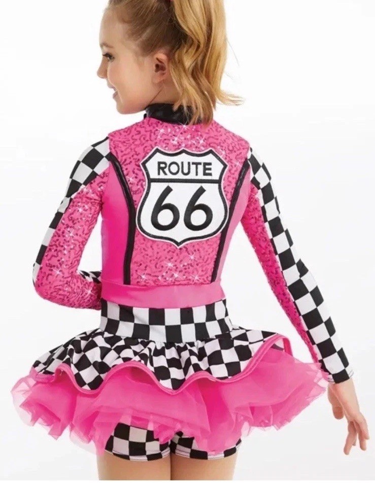 DISFRAZ ROSA WEISSMAN ROUTE 66 LENTEJUELAS A CUADROS PILOTO DE CARRERAS BAILE MC *LEER*