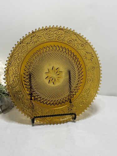 Vintage Indiana Glass Tiara Amber Round 12" Serving Platter Saw Tooth Edge -1 *
