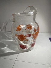 Vtg Juice Pitcher Retro Oranges Tomatoes Ribbed Glass Handle Breakfast 6.5 Inche