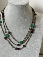 复古61英寸捷克玻璃长项链 绿色紫色珠串 玫瑰花波西米亚多层叠戴款