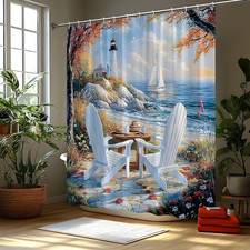 Summer Beach Coastal Shower Curtain Nautical Lighthouse Ocean Landscape Sea S...