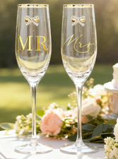 Mr  Mrs Wine Glass Set Wedding Gift Bride Groom Flute Glasses Toasting Jewelled