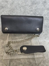 Genuine Leather Biker Long Wallet With Chain Black Bi-Fold Trucker 7" Wallet