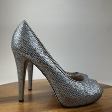 Womens Badgley Mischka Humbie II Silver Glitter Peep Toe Heels Pumps Size 8 M