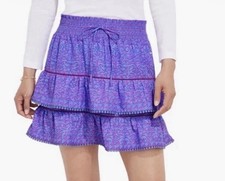 Vineyard Vines Anegada Blue Purple Tiered Mini Skirt Smocked Waist Pop-Pom Trim