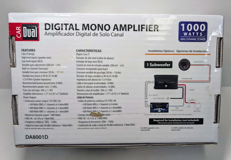 Dual Electronics Digital Mono Amplifier DA8001D NEW NIB - Image 4 of 4