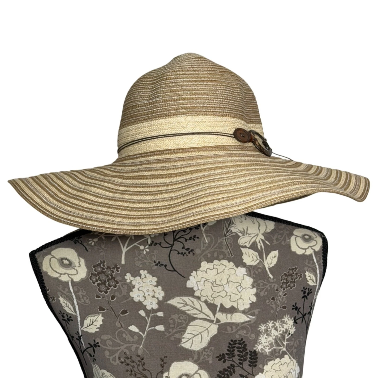 Kyi Kyi Womens Floppy Wide Brim Sun Hat Beige Striped Straw Blend Beach Hat EUC
