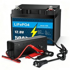 12V 50Ah LiFePO4 Lithium Battery with 20A Charger, Deep Cycle, for RV, Marine