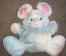 Vintage Fisher Price Mouse 10" Baby Puffalump Plush Rattle White Blue Pink
