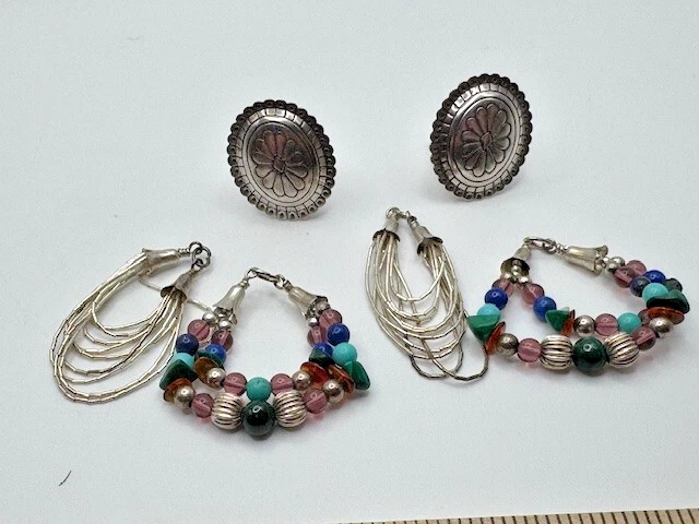 Vintage QT Sterling Silver 925 Zuni Interchangeable Beaded Dangly Hoop Earrings - Image 4 of 4