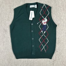 Vintage Izod Sweater Vest Medium Golf Embroidered Green Button Cotton