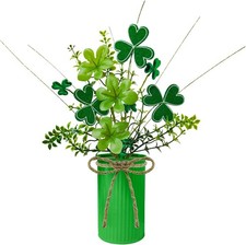 St Patricks Day Decorations Faux Shamrock Floral Picks in Metal Pot 1 Green