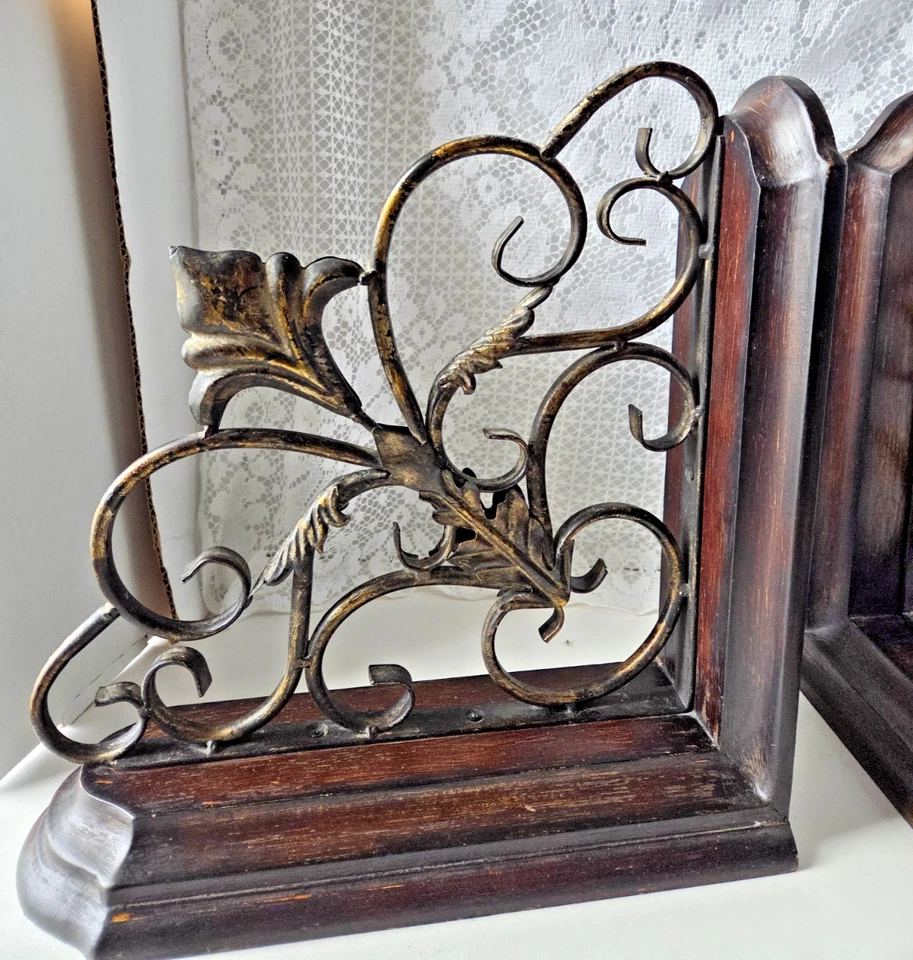 Sujetalibros ornamentados de madera y metal vintage extra grandes 2 piezas antideslizantes pesados Foto 4 de 4