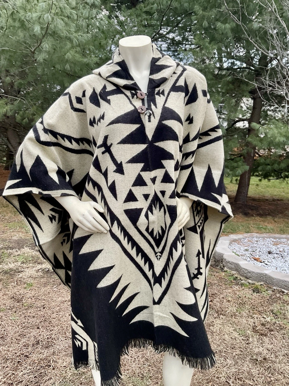 Exclusively Handcrafted ALPACA WOOL PONCHO, Black, Geometric, Mystic Forest