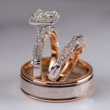 3pcs/set Gorgeous Couple Ring 14k Rose Gold Plated Cubic Zircon Ring Sz 6-10