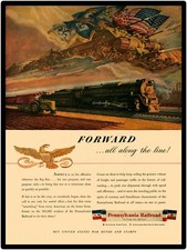 Circa 1944 Pennsylvania Railroad New Metal Sign: "Forward: All Along the Line "