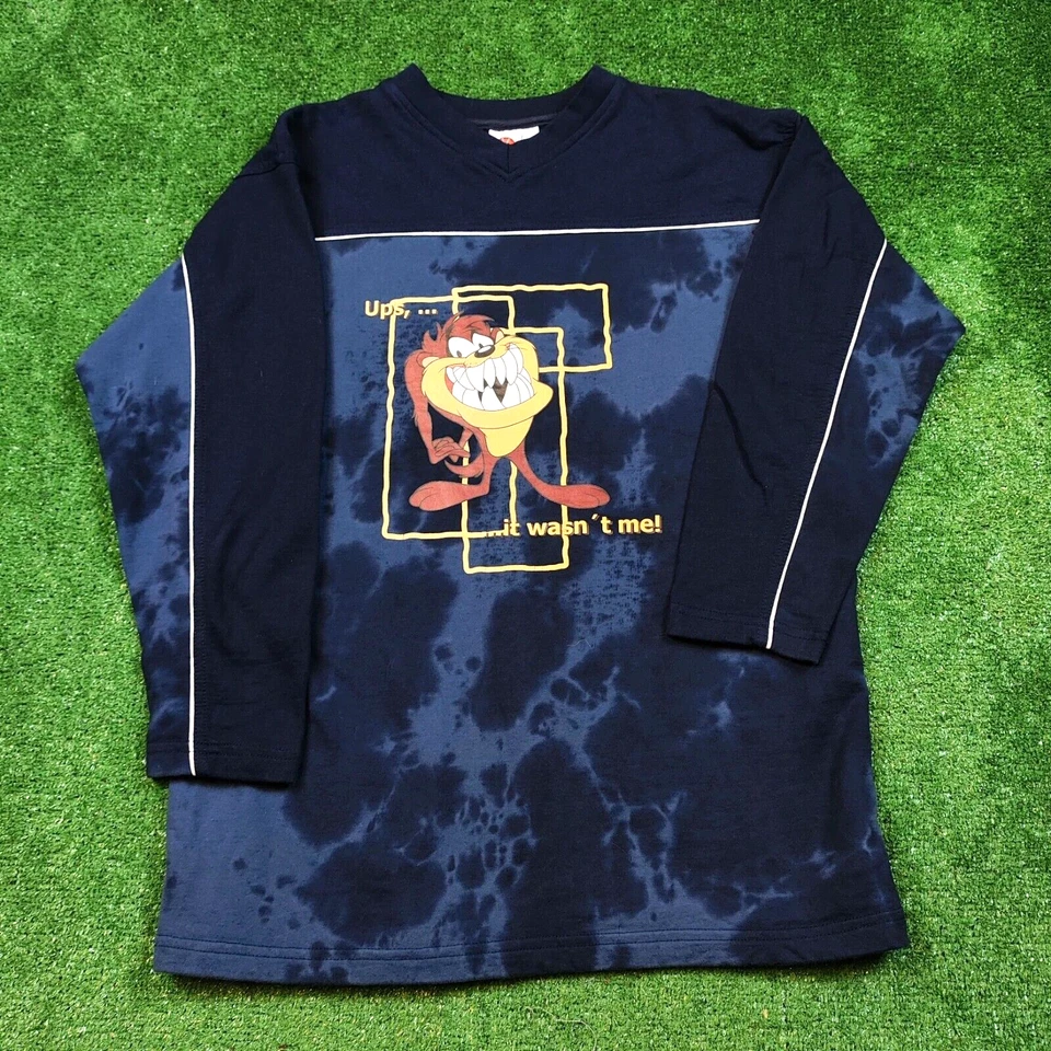 Chemise vintage Looney Tunes TAZ adulte petit pull bleu tie-dye 2001 y2k L/S - Photo 1/4