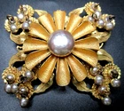 MIRIAM HASKELL Dangling Faux Pearl Large Golden Flower Vintage Pin Brooch